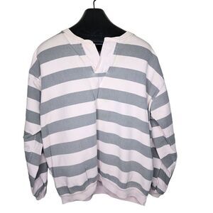 Vintage 80s Preppy Henley Sweatshirt Mens Size L Pink Gray Surfer Stripe